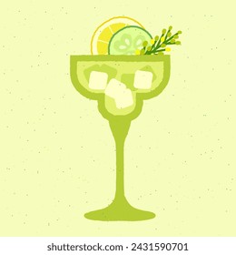 Green cocktail with lemon, cucumber. Margarita glass. Alcohol drink tequila for bar. Tonic drink. Stemware with gin tonic and soda. Non-alcoholic beverage. Flat vector illustration with texture