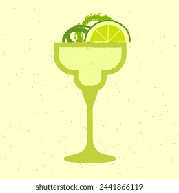 Green cocktail with lemon and flower. Mojito in margarita glass. Fresh green soft drink