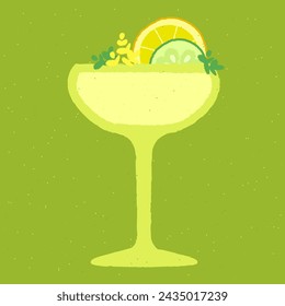 Green cocktail with lemon, herbs and cucumber. Lemonade with cucumber in a martini glass. gin tonic with cucumber. Alcohol drink for bar. Non-alcoholic beverage. Flat vector illustration with texture