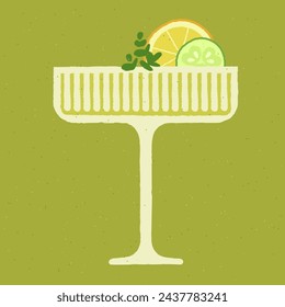 Green cocktail with lemon, herbs and cucumber. Lemonade with cucumber in a martini glass. Gin tonic. Alcohol drink for bar. Non-alcoholic beverage. Flat vector illustration with texture