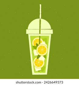 Green cocktail with lemon, mint, ice cubes. Mojito in plastic cup. Detox drink. Alcohol drink for bar. Soft liquid in disposable glass. Non-alcoholic beverage. Flat vector illustration with texture