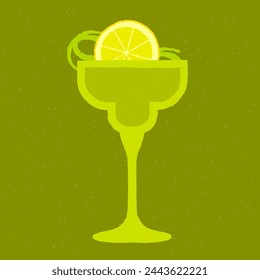 Green cocktail with lemon, zest. Caipirinha cocktail. Mojito in margarita glass. Daiquiri. Fresh green soft drink. Non-alcoholic beverage. Alcohol drink for bar. Flat vector illustration with texture