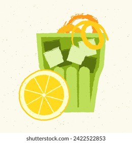 Green cocktail with lemon and zest for health. Soft alcohol liquid for event and party. Cold mocktail with ice cubes. Tumbler glass. Non-alcoholic beverage. Flat vector illustration with texture