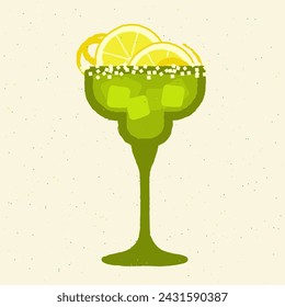 Green cocktail with lemon, zest, salt. Mojito cocktail. Margarita glass. Alcohol drink tequila for bar. Stemware with gin tonic and soda. Non-alcoholic beverage. Flat vector illustration with texture