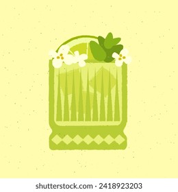 Green cocktail with lime flowers and herbs. Jasmine tea. Alcohol drink for bar. Cold soft liquid with ice cubes. Tumbler glass. Non-alcoholic beveridge. Flat vector illustration with texture