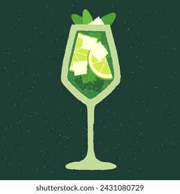 Green cocktail with lime, leaves and ice cubes. Citrus mocktail. Alcohol drink for bar. Cold soft liquid in wine glass. Goblet glass. Non-alcoholic beverage. Flat vector illustration with texture