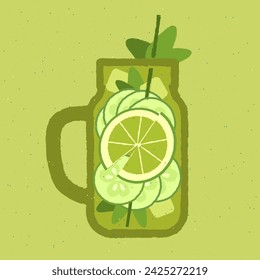 Grüner Cocktail mit Limette, Minze und Gurke. Mojito in Tasse mit Griff. Detox-Getränk. Alkohol-Getränk für Bar. Kaltes, weiches, flüssiges Glas. Alkoholfreies Getränk. Flache Vektordarstellung mit Textur