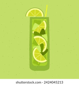 Green cocktail with lime, mint and ice cubes. Mojito in high glass. Citrus soda. Alcohol drink for bar. Cold soft liquid in tall glass. Non-alcoholic beverage. Flat vector illustration with texture