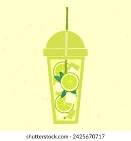 Green cocktail with lime, mint, ice cubes. Mojito in plastic cup. Detox drink. Alcohol drink for bar. Soft liquid in disposable glass. Non-alcoholic beverage. Flat vector illustration with texture