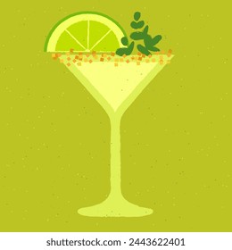 Green cocktail with lime, sugar, herbs. Lemonade with lime in martini glass. Gin tonic with tequila. Alcohol drink for bar. Non-alcoholic beverage. Flat vector illustration with texture