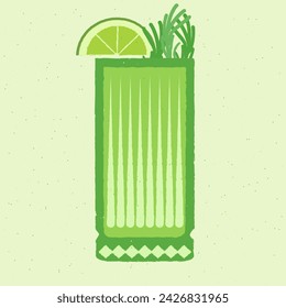 Green cocktail with lime, tarragon. Gin tonic in high glass. Soda water. Alcohol drink for bar. Cold soft liquid in tall glass. Non-alcoholic beverage. Flat vector illustration with texture