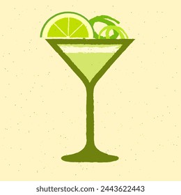 Green cocktail with lime, zest. Caipirinha cocktail. Martini in glass. Daiquiri. Fresh green soft drink. Non-alcoholic beverage. Alcohol drink for bar. Flat vector illustration with texture