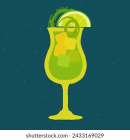 Green cocktail with lime, zest and ice cubes. Caipirinha cocktail. Mojito in stemware glass. Tropical cocktail. Alcohol drink for bar. Flat vector illustration with texture