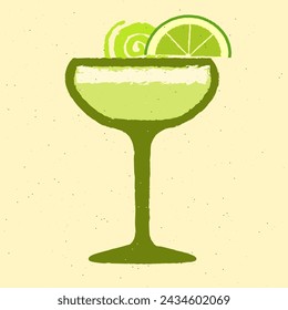 Green cocktail with lime, zest and ice cubes. Margarita cocktail. Mojito in margarita glass. Citrus soda. Alcohol drink for bar. Flat vector illustration with texture