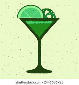 Green cocktail with lime, zest. Tequila drink with gin tonic. Martini in glass. Citrus beverage. Alcohol drink for bar. Flat vector illustration with texture