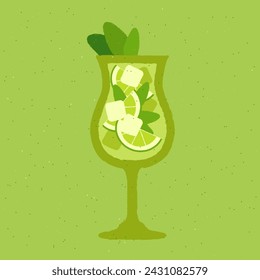 Green cocktail with mint and lime. Mojito cocktail. Alcohol drink for bar. Soft liquid in wine glass. Stemware with gin tonic and soda. Non-alcoholic beverage. Flat vector illustration with texture