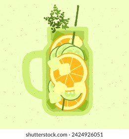 Green cocktail with orange, cucumber and herbs. Detox drink in cup with handle. Alcohol drink for bar. Cold soft liquid glass jar. Non-alcoholic beverage. Flat vector illustration with texture