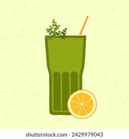 Cóctel verde con hojas naranjas y verdes. Bebida de verano en vaso de béisbol. Bebida alcohólica para el bar. Líquido suave frío en vidrio alto. Bebida sin alcohol. Ilustración vectorial plana con textura