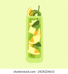 Green cocktail with orange, leaves and zest. Gin tonic in high glass. Soda water. Alcohol drink for bar. Cold soft liquid in tall glass. Non-alcoholic beverage. Flat vector illustration with texture