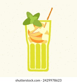 Green cocktail with peach, leaves. Summer drink in highball glass. Alcohol drink for bar. Cold soft liquid in tall glass. Non-alcoholic beverage. Flat vector illustration with texture. Highball glass
