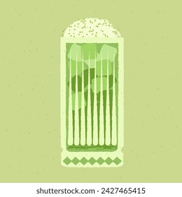 Green cocktail with whipped cream. Smoothie in high glass. Fresh greens. Milkshake. Alcohol drink for bar. Cold soft liquid in tall glass. Non-alcoholic beverage. Flat vector illustration with texture