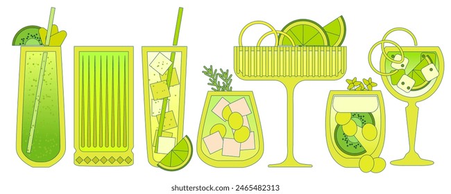 Green cocktails set. Soft drinks with ice cubes, lime, kiwi, grapes. Margarita cocktail. Smoothie. Alcohol drink for bar. Non-alcoholic beverage. Flat vector illustration with outline, gradient