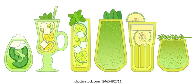 Green cocktails set. Soft drinks with ice cubes, lime, lemon, apple. Tea. Detox liquid. Smoothie. Alcohol drink for bar. Non-alcoholic beverage. Flat vector illustration with outline, gradient