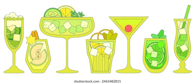 Green cocktails set. Soft drinks with ice cubes, lime, lemon, apple kiwi, cucumber. Tea. Detox liquid. Alcohol drink for bar. Non-alcoholic beverage. Flat vector illustration with outline, gradient