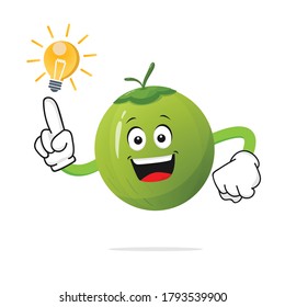 The green coconut character smiles finding ideas on a white background - vector