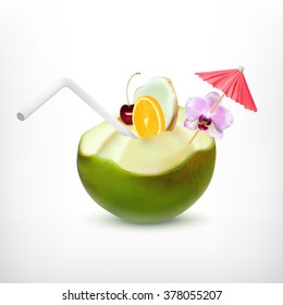 Green coconut cocktail with drinking straw and other decoration. EPS10 vector