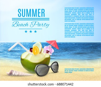Green coconut cocktail with drinking straw and sunglasses on a nature background. EPS10 vector