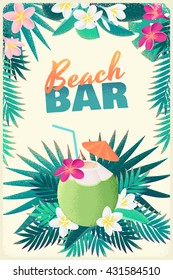 Green coconut cocktail with frangipani (plumeria) flowers and palm leaves. Coconut water, tropical beach bar. Retro vector illustration. Place for your text. Invitation, banner, card, poster, flyer