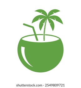 Green Coconut Drink with Straw Vector Illustration Minimal Flat logo