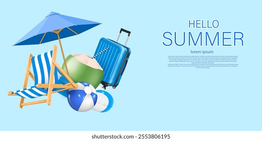 green coconut drink with summer objects flying on the light blue background.hello summer and summer business concept advertising banner and poster vector illustration.