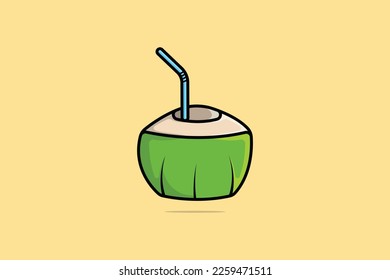 Green Coconut Fruits with Straw vector illustration. Food objects icon concept. Summer fruits for healthy lifestyle. Organic fruits vector design with shadow on light orange background.