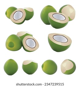 Green coconut and half slice coconut isolated on white background. fresh green coconut Vector illustration