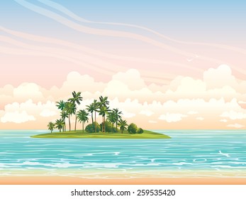 Green coconut island ans blue sea on a sunset sky with clouds. Vector tropical seascape illustration. 
