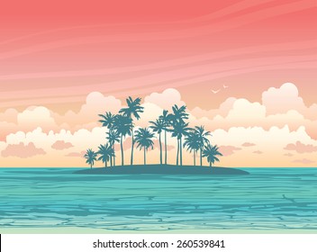 Green coconut island ans sea on a sunset sky with clouds. Vector tropical seascape illustration.