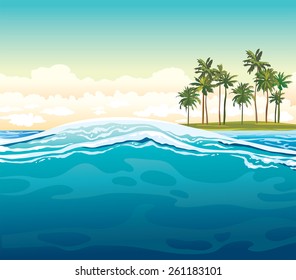 Green coconut island and waves on a blue sea. Vector tropical summer illustration.