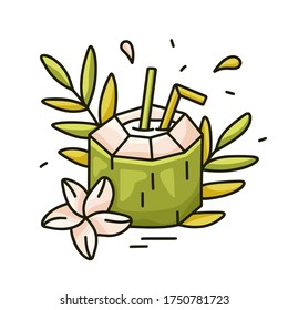 Green coconut juice doodle vector illustration. Color cartoon hand drawn print of pina colada for menu, t-shirt. Coco drink, cocktail or milk with straw, leaves. Juicy summer picture. White background