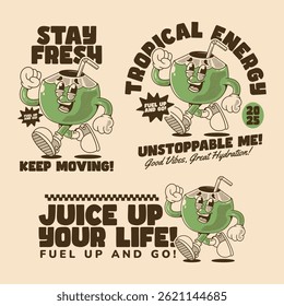 Green coconut mascot character in retro comic style with bold outlines in 3 version