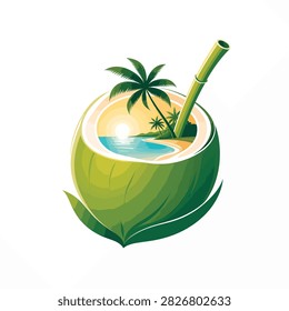 Green coconut shell with straw and island scene inside