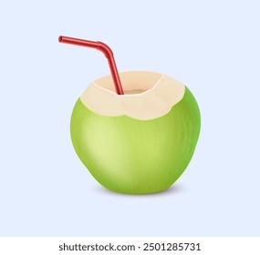 Green coconut with straw realistic vector illustration. Exotic refreshing drink. Nut shell with fresh milk 3d object on light background