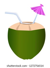 green coconut with straw and umbrella vector