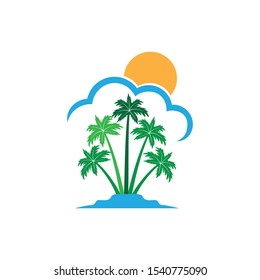 green coconut tree island with sun behind the cloud summer theme vector logo design template