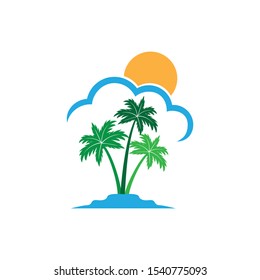 green coconut tree island with sun behind the cloud summer theme vector logo design template