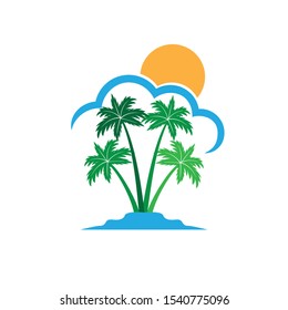 green coconut tree island with sun behind the cloud summer theme vector logo design template