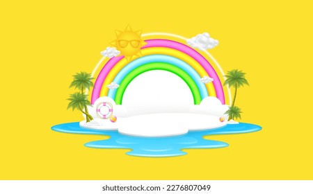 Green coconut tree on white blank podium for product placement. Sun and clouds float in the air with bright rainbow backdrop, sea waves. On yellow background. Summer vacation concept. 3D Vector.