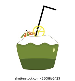 Green coconut vector graphics, Young coconut water icon. Summer coconut cocktail. Vector illustration of tropical exotic fruits in flat style.