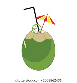 Green coconut vector graphics, Young coconut water icon. Summer coconut cocktail. Vector illustration of tropical exotic fruits in flat style.